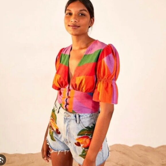FARM Rio Tops - Farm Rio Crop Puff Sleeve Cotton Crop Top
